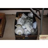 A box of various kitchenalia, china and glassware