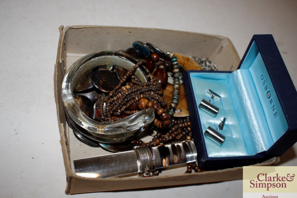 A box of miscellaneous costume jewellery, bangles,