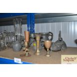 A quantity of pewter tankards, pewter sauce boat,