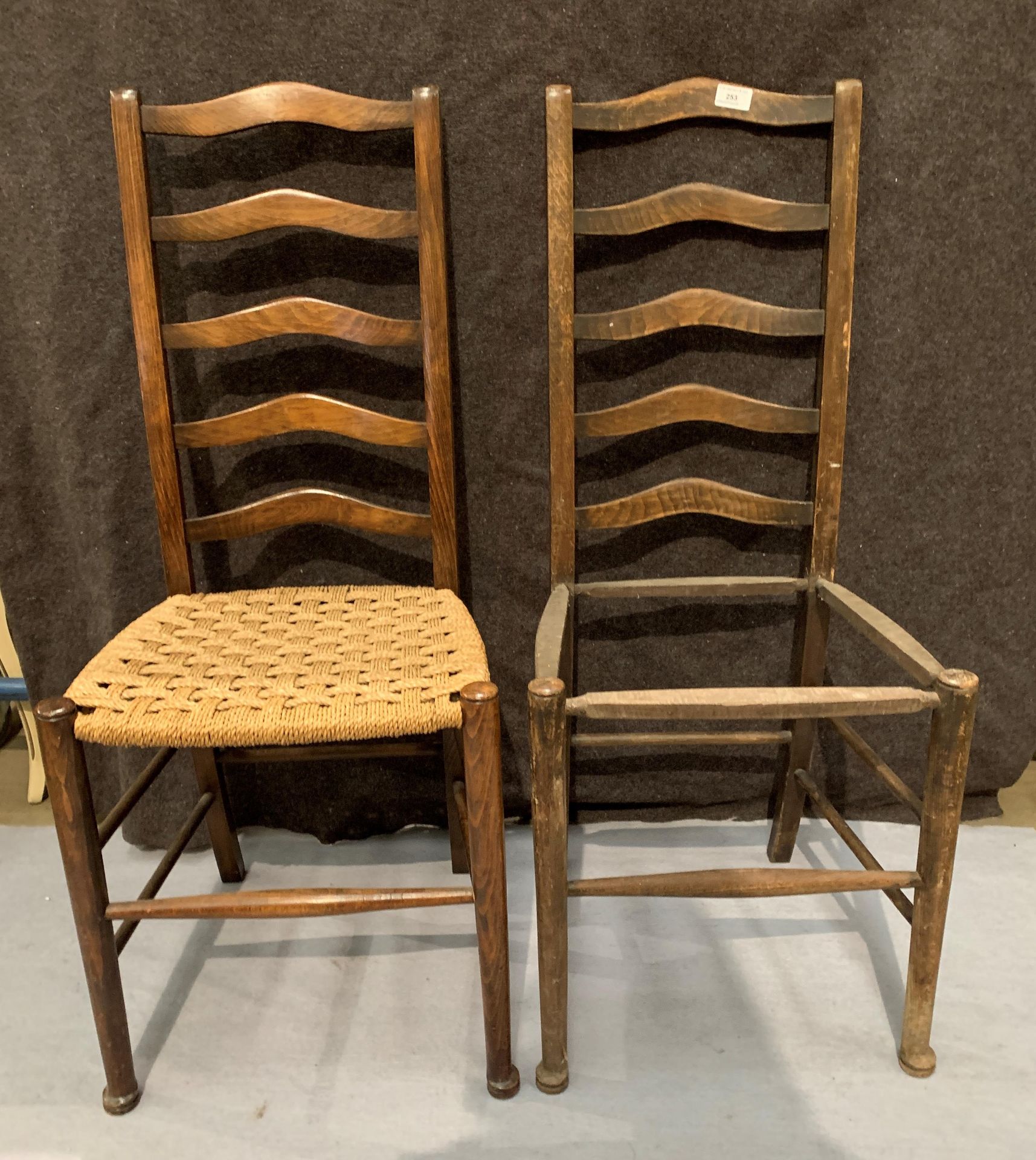 Two ladderback bedroom chairs - one lacks seat