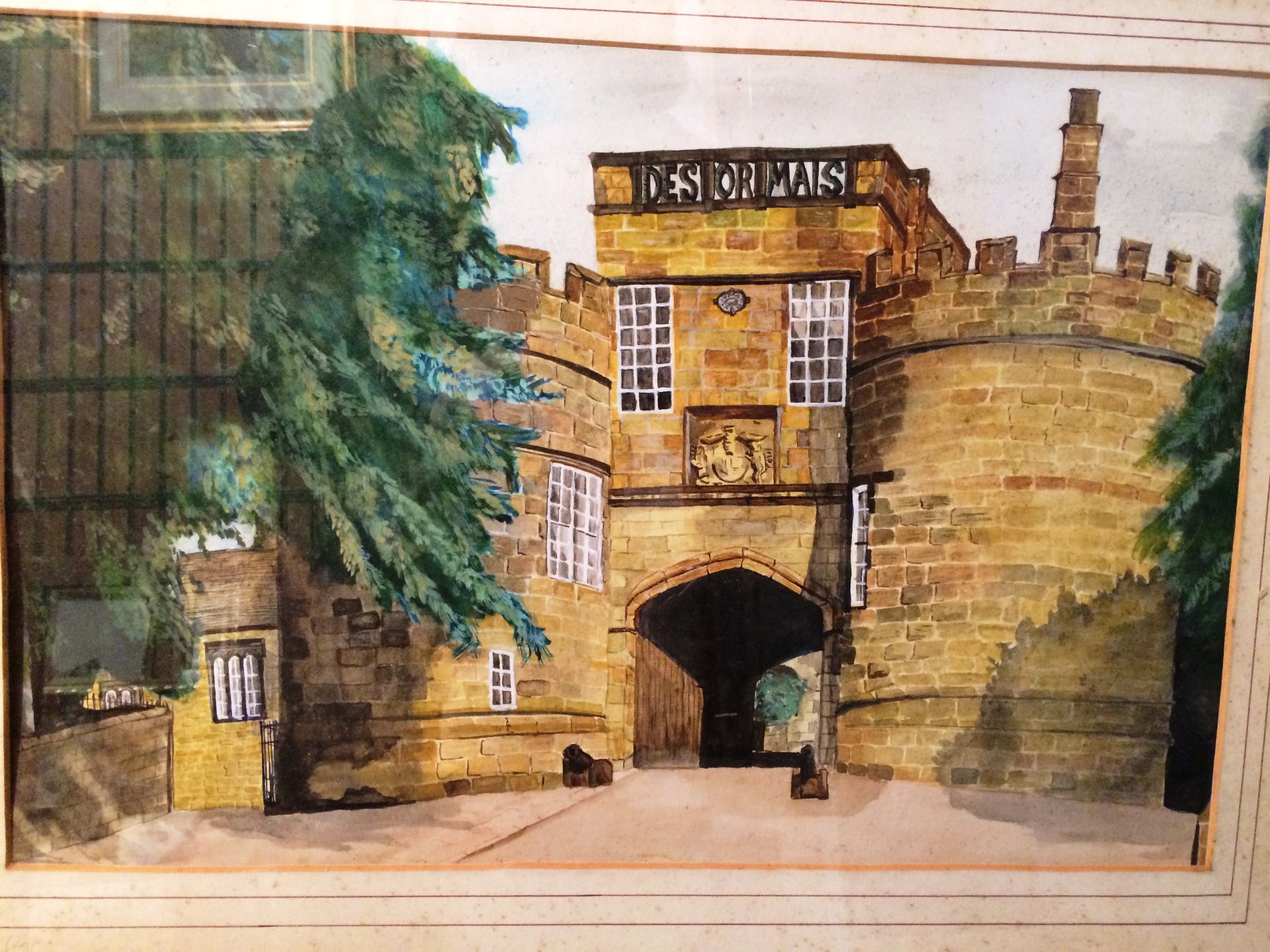 J LOWSON '76' framed watercolour of castle entrance 32 x 48cm signed to margin