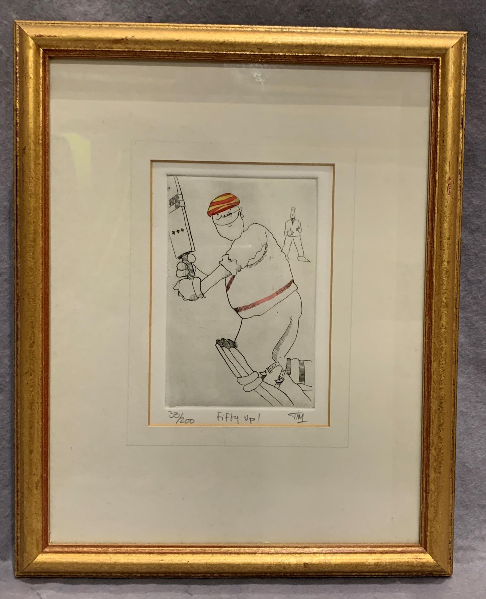 Jim Bulmer a small framed cricket watercolour 'A Close Shave' 18 x 12cm signed and Jim two framed - Image 2 of 4