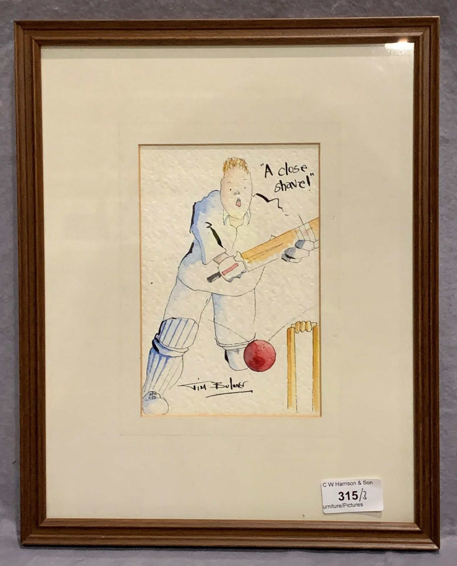 Jim Bulmer a small framed cricket watercolour 'A Close Shave' 18 x 12cm signed and Jim two framed - Image 3 of 4