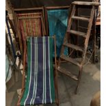 Two vintage wood framed deck chairs and a wood framed five step step ladders (3)