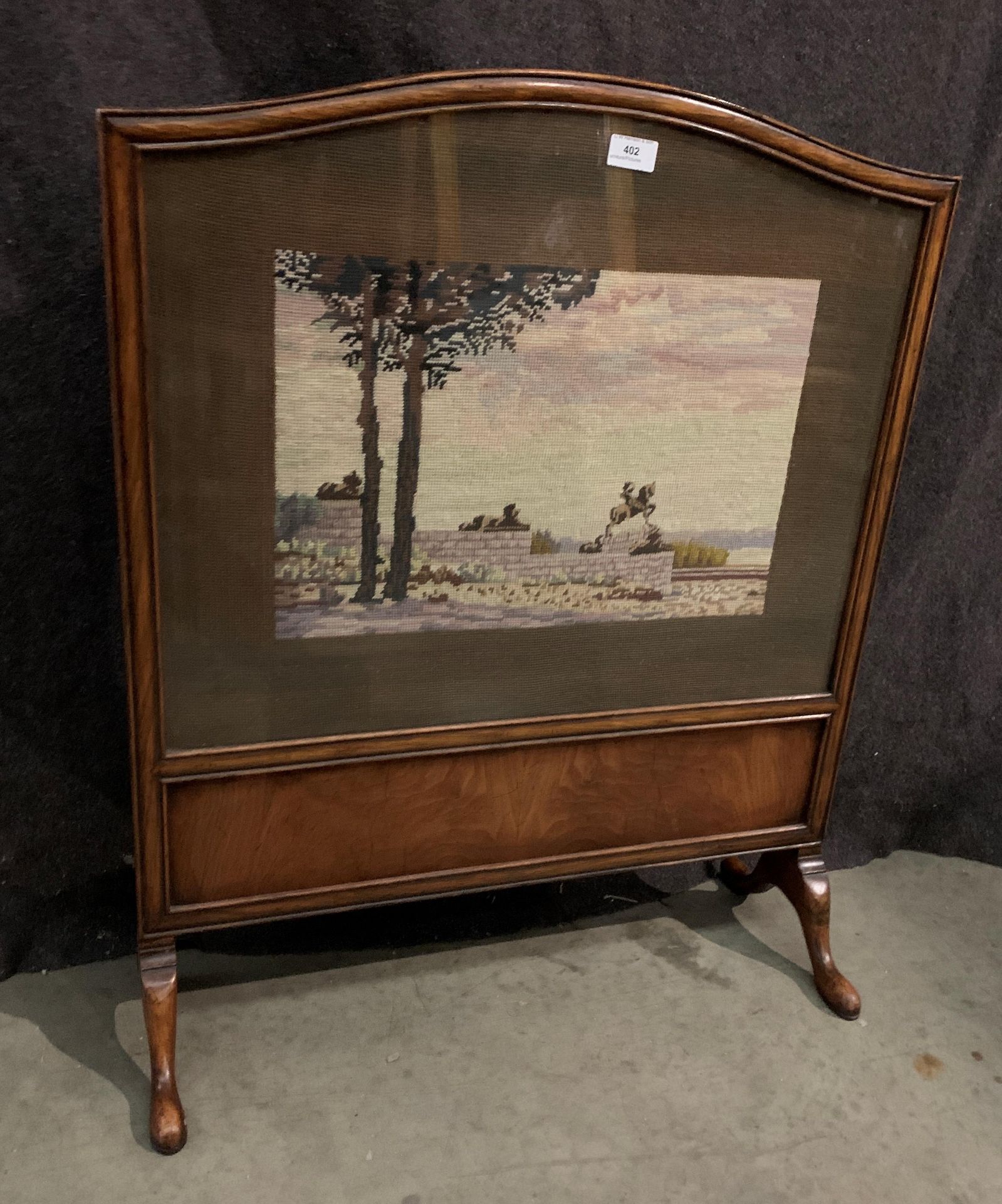 A walnut firescreen inset with a tapestry picture of a wall and trees - Image 2 of 2