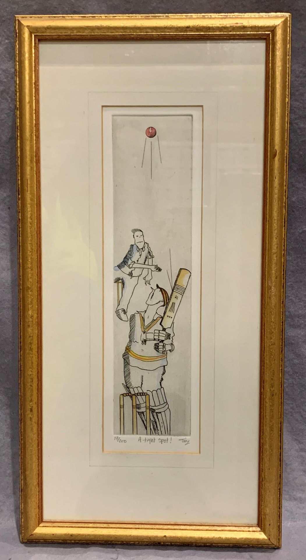 Jim Bulmer a small framed cricket watercolour 'A Close Shave' 18 x 12cm signed and Jim two framed - Image 4 of 4