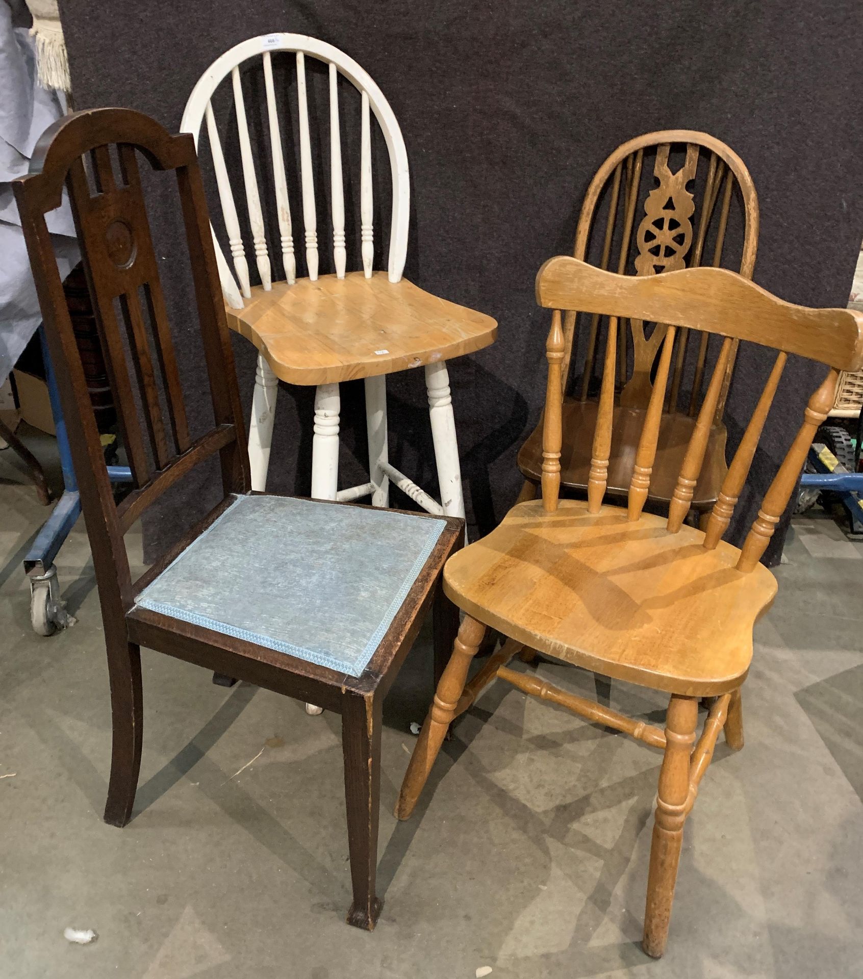 Three various dining chairs and a white painted and pine high stool (4)