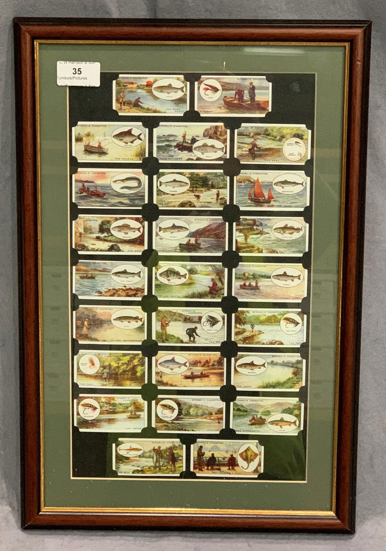 A framed set of 25 Mitchells cigarettes fishing cigarette cards 47 x 31cm