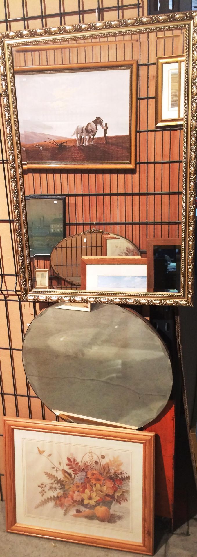 Gilt framed wall mirror 56cm diameter and a pine framed print 'flower arrangement' (3)