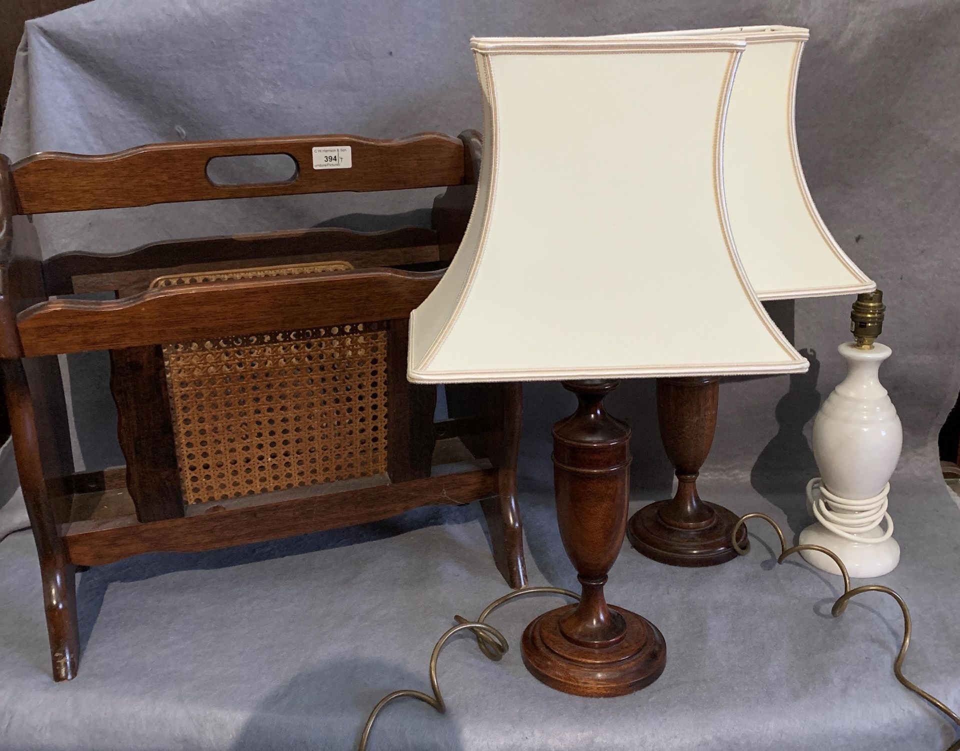 Pair of dark oak table lamps with shades,