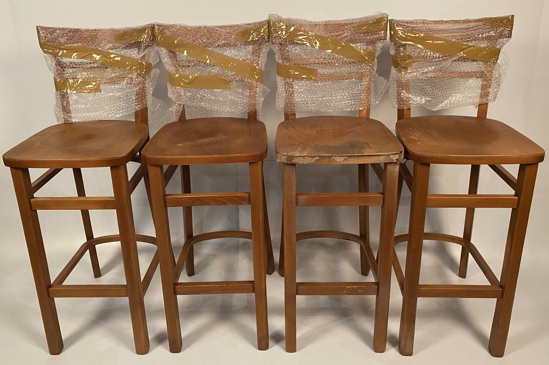 4 x Espresso high back wooden bar stools (Some appear to be water damaged)