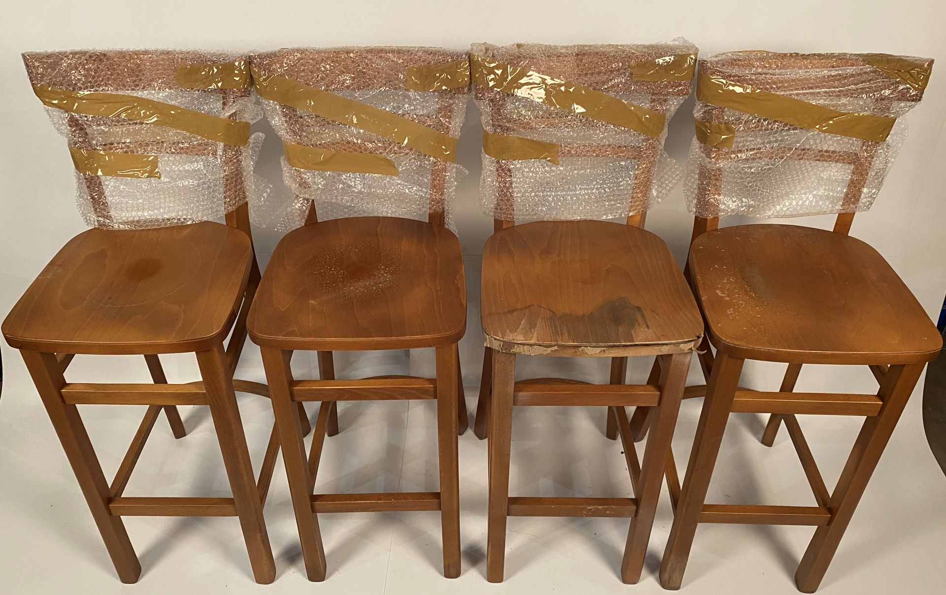 4 x Espresso high back wooden bar stools (Some appear to be water damaged) - Image 2 of 3