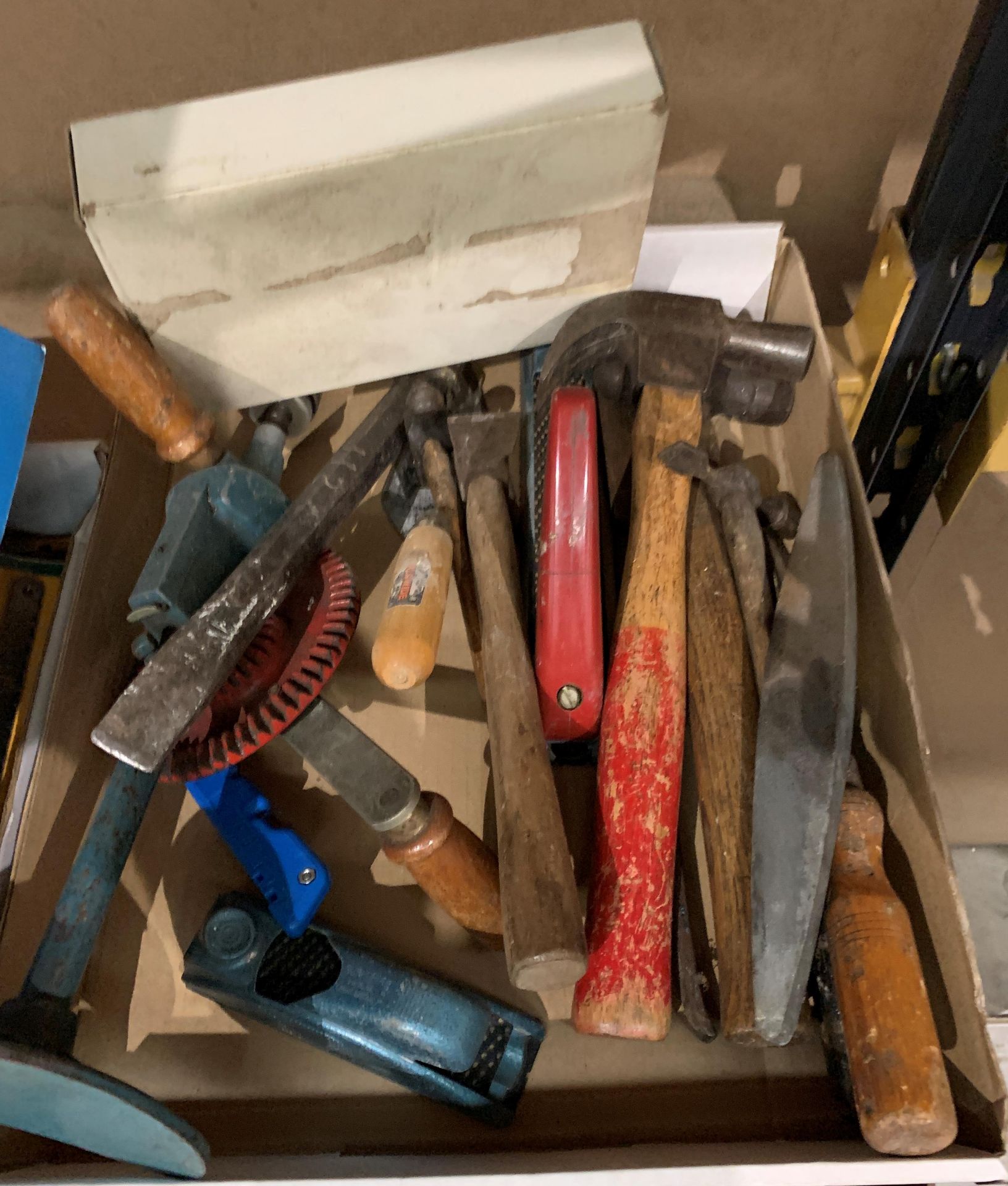 Contents to three lid tops, various hand tools, hand drill, hammers, snips, calipers, toffee hammer, - Image 3 of 4