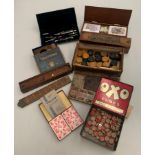 Contents to box - games - draughts, Tidleywinks, pencils in wood case, geometry set,