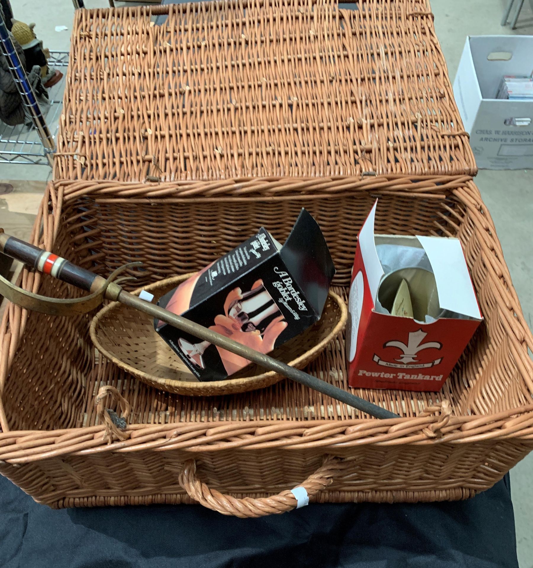 Two wicker baskets and contents - one with fireside accessories and contents to box, - Image 3 of 4