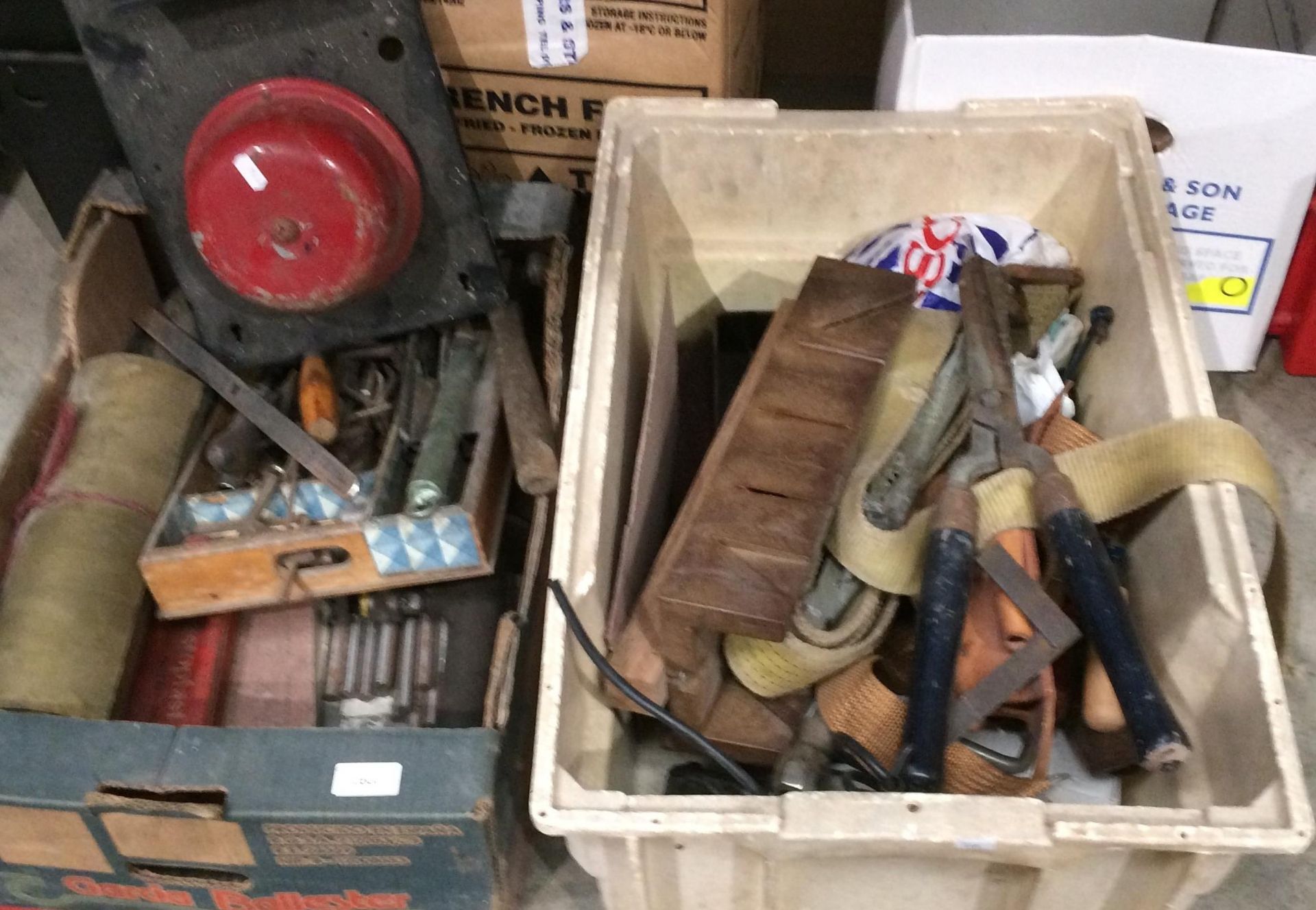 Contents to two boxes, straps, hammers, roll of brass sheet, threaded bar, hedge trimmers,