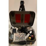 Contents to black vinyl case - various camera accessories and a Miranda Pro Video 1 tripod