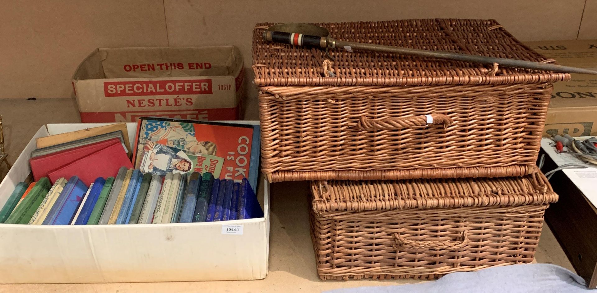 Two wicker baskets and contents - one with fireside accessories and contents to box,