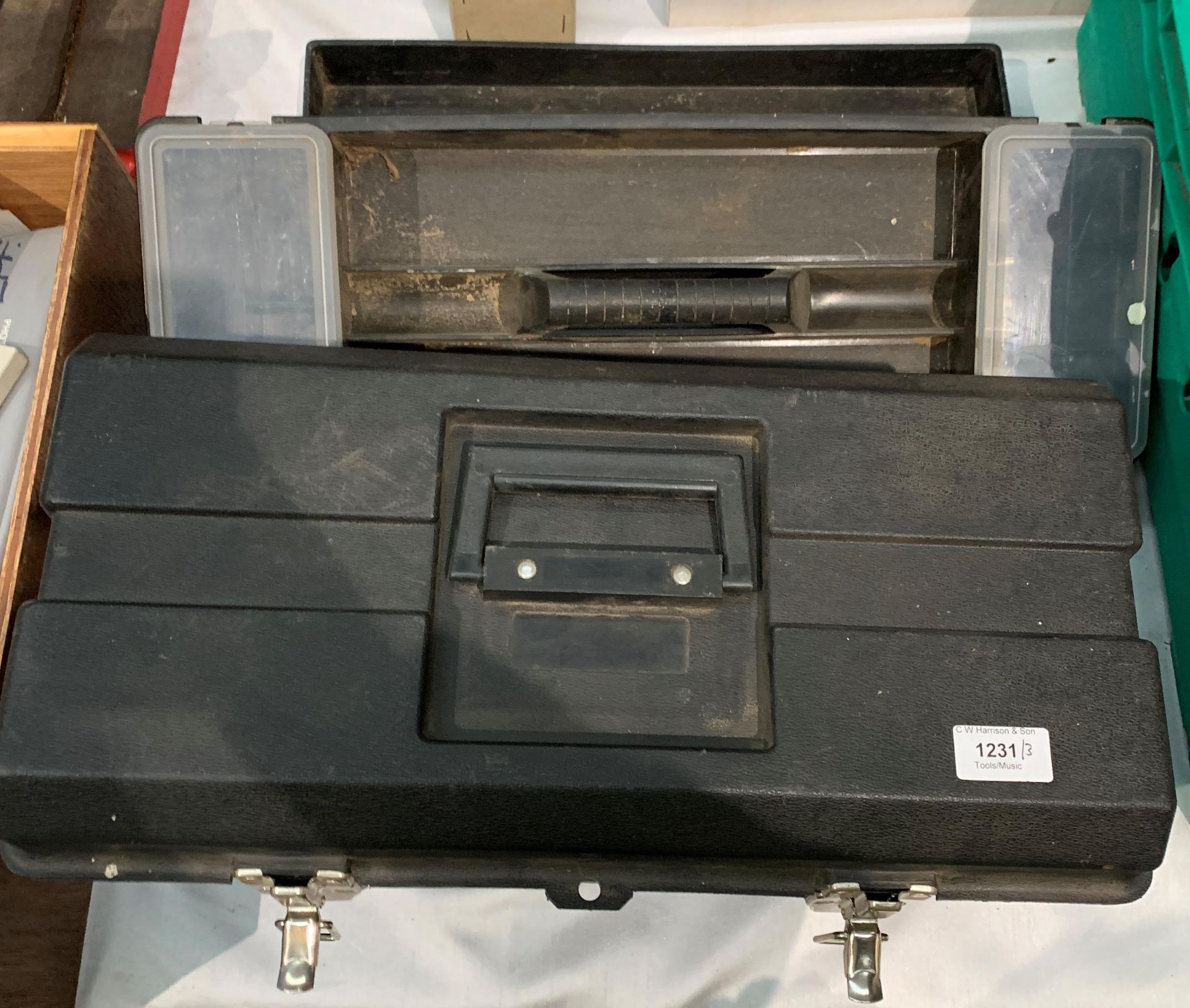 A black plastic tool box and contents - boxes of brass locks, brass hinges, castors, - Image 2 of 2