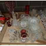 Contents to tray - assorted glassware - large red overlay vase, bowl, dishes, port jug,