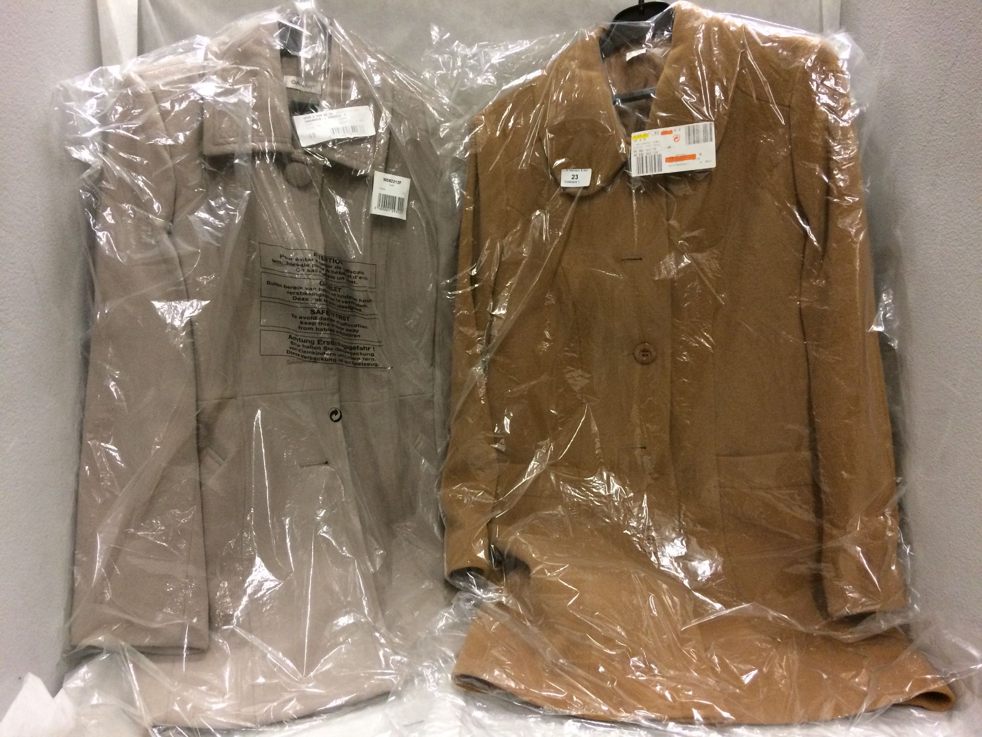 2 x assorted ladies woollen coats in camel and taupe (both size 12)