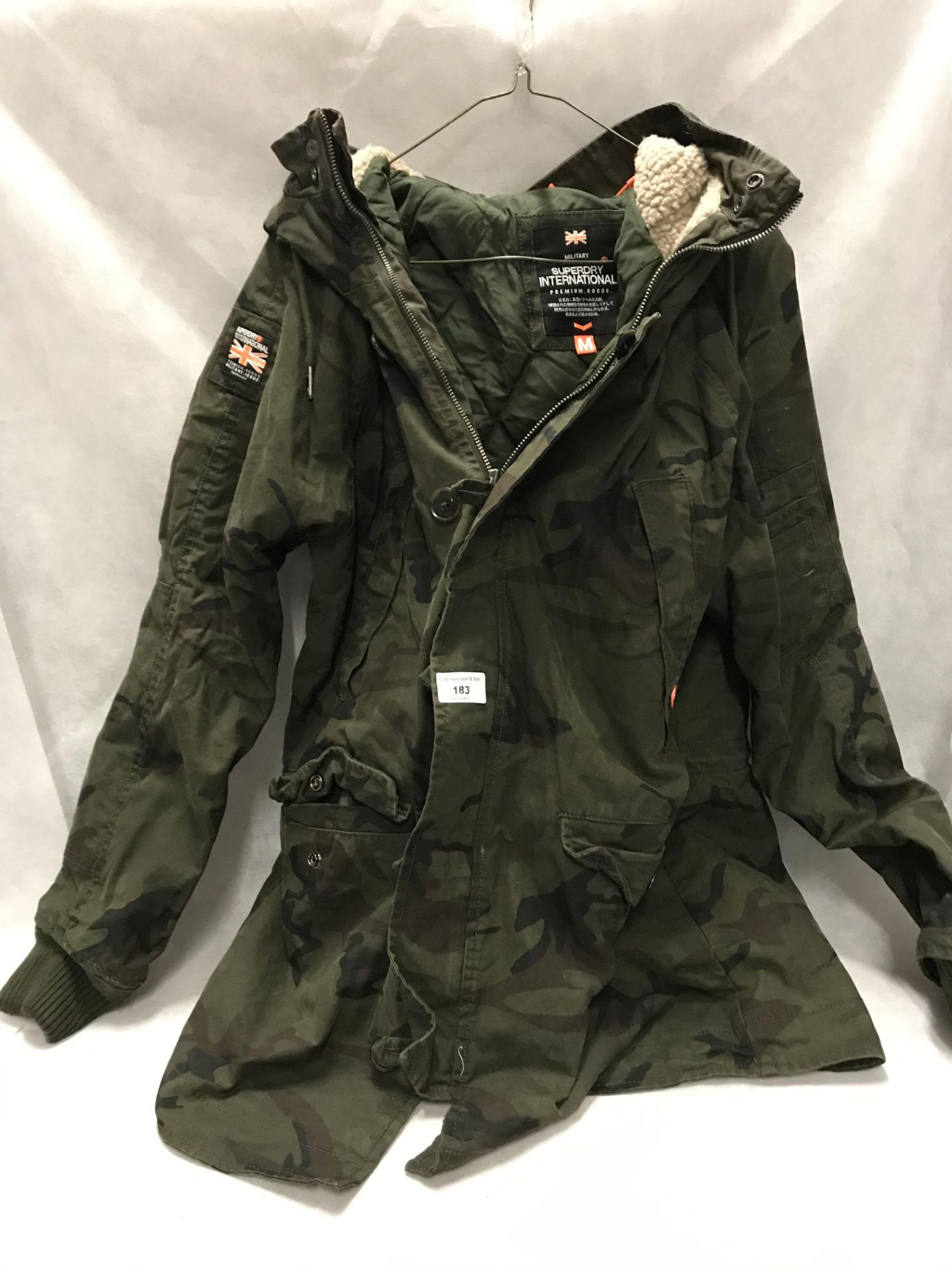 Superdry International military style camouflage coat size M (used but reasonable condition)