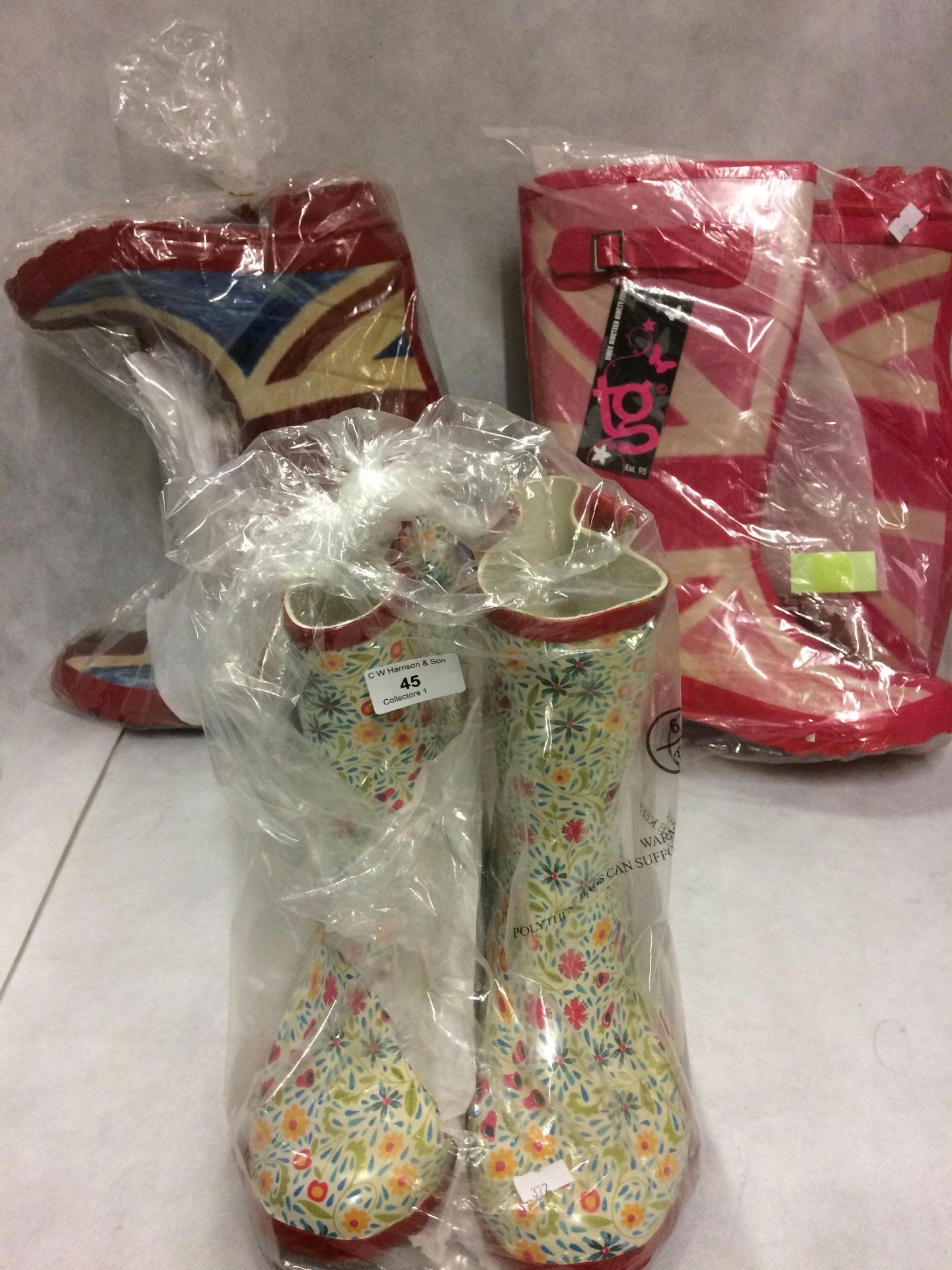 3 x pairs of Wellington boots in Union Jack and flowers (size 6)