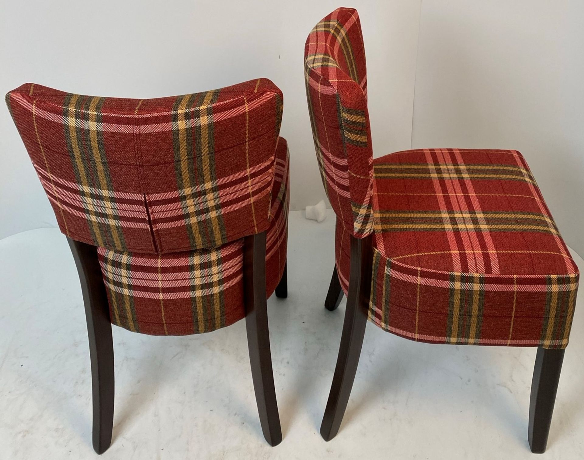 2 x Memphis Panaz Calroust Hunter Check Red Amber 441 side/dining chairs with walnut coloured - Image 2 of 3