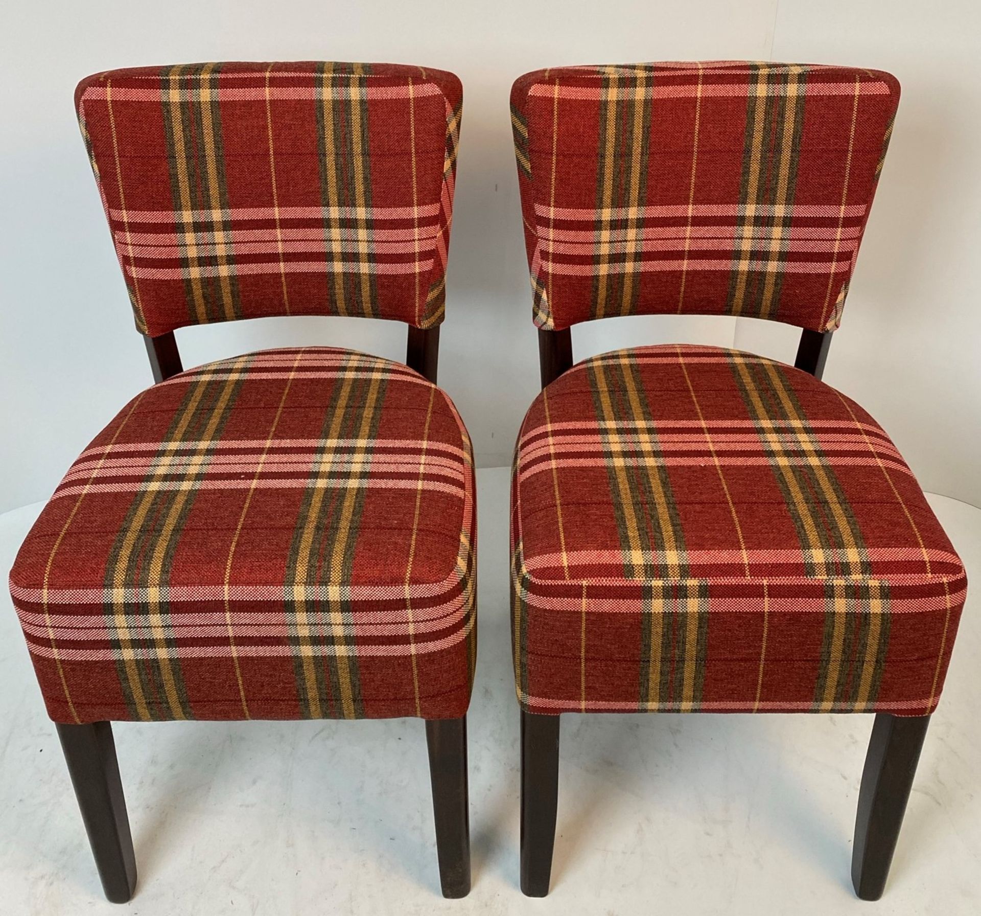 2 x Memphis Panaz Calroust Hunter Check Red Amber 441 side/dining chairs with walnut coloured