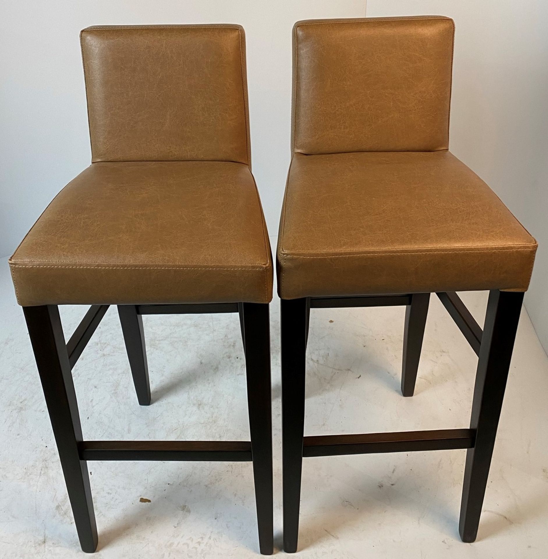 2 x Mini Valencia ILIV Saddle Toffee high stools with dark walnut coloured frames