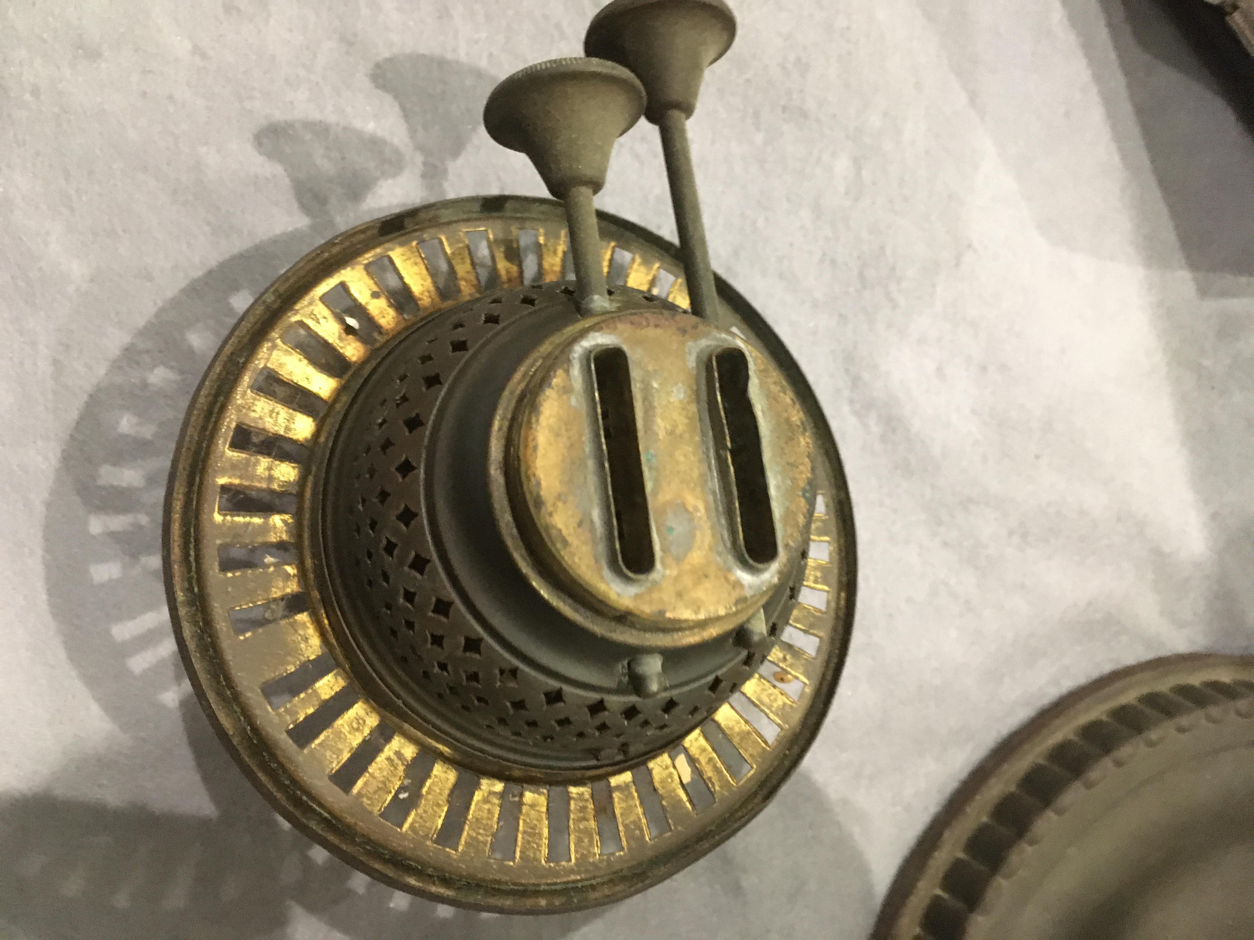 A brass and yellow and cream glass oil lamp with etched glass shade and funnel, - Image 10 of 14