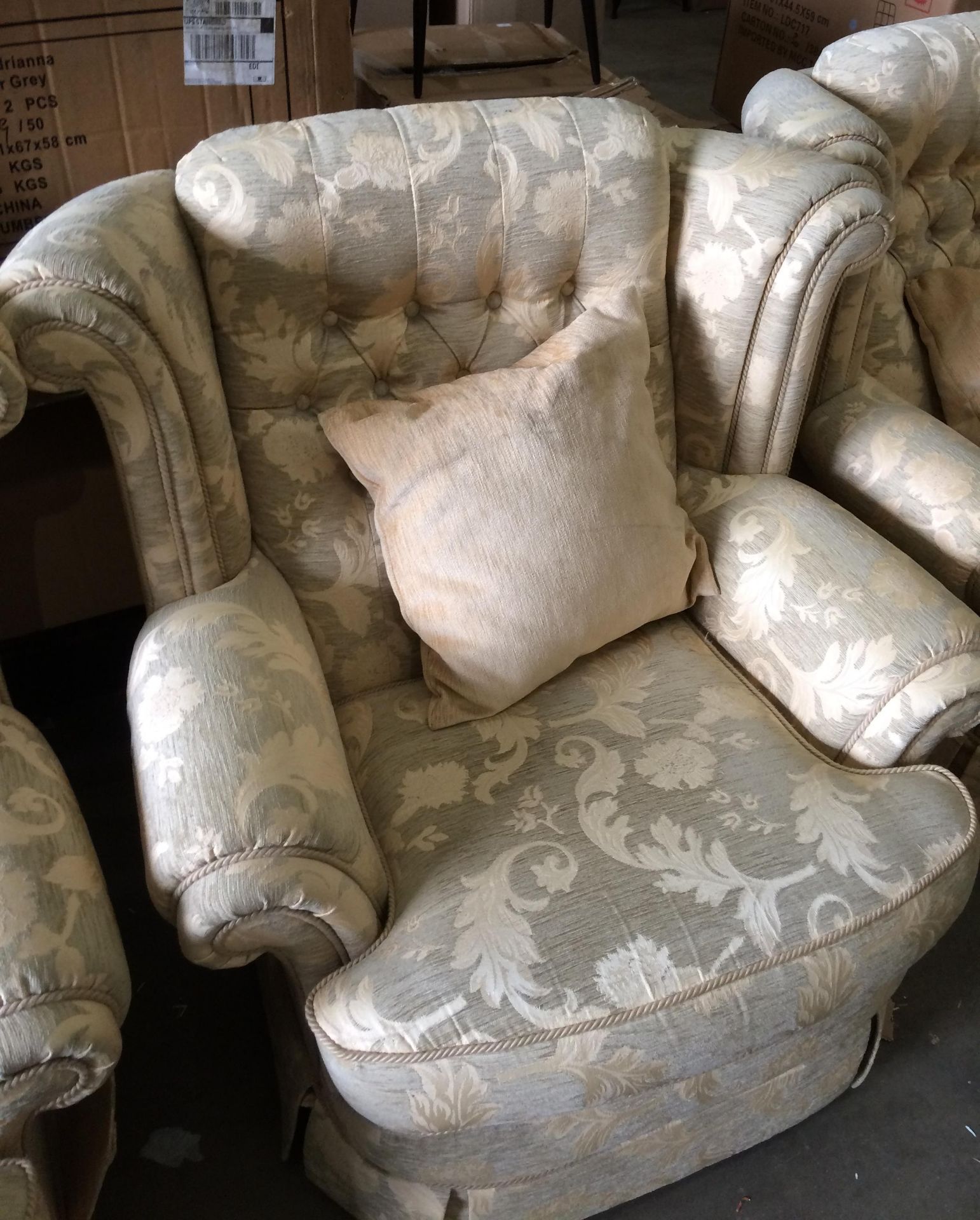 A beige and gold leaf patterned three piece suite comprising three seater settee and two armchairs - Image 3 of 4