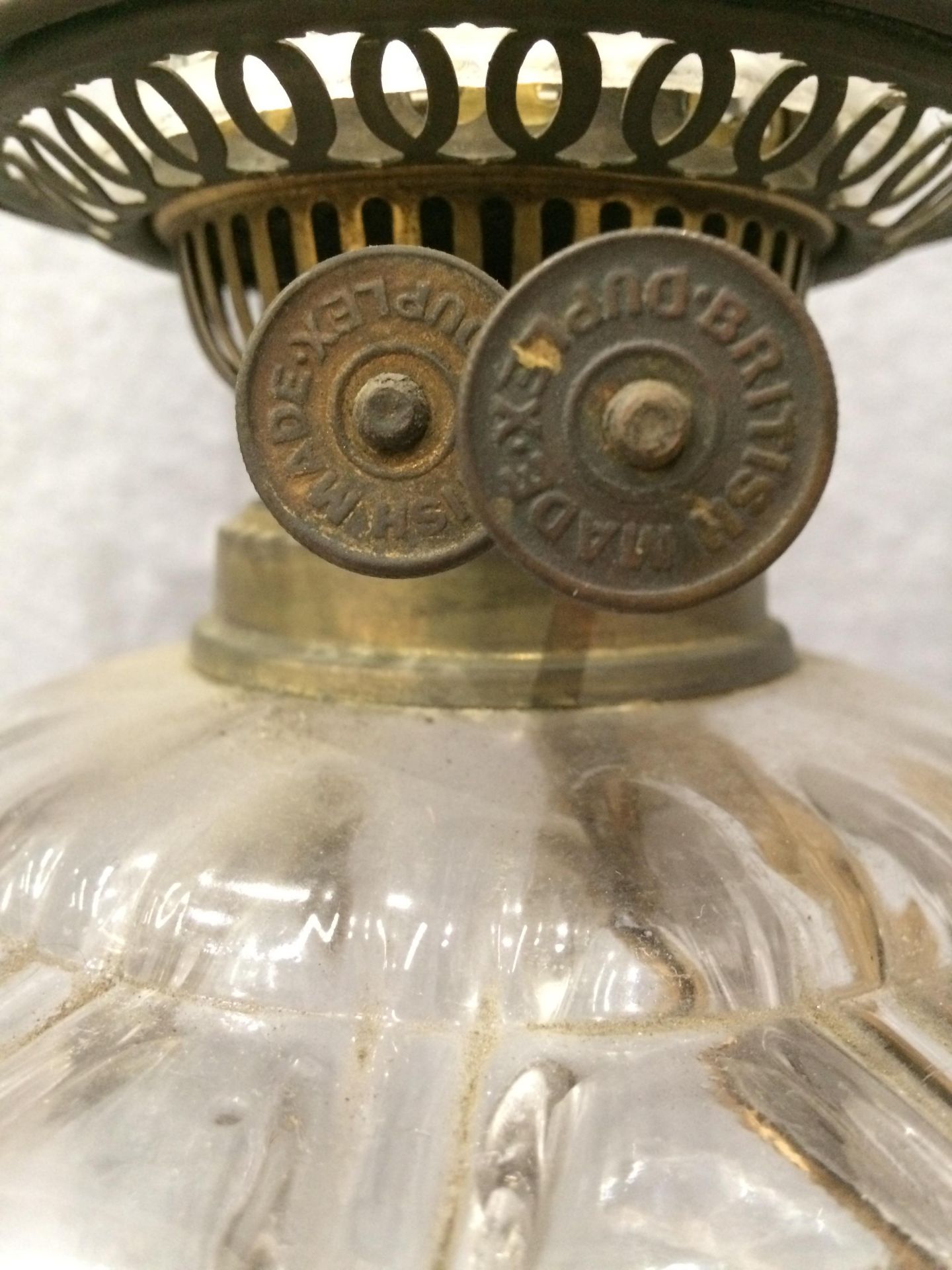 A brass and glass oil lamp with etched glass shade and funnel, - Image 2 of 4