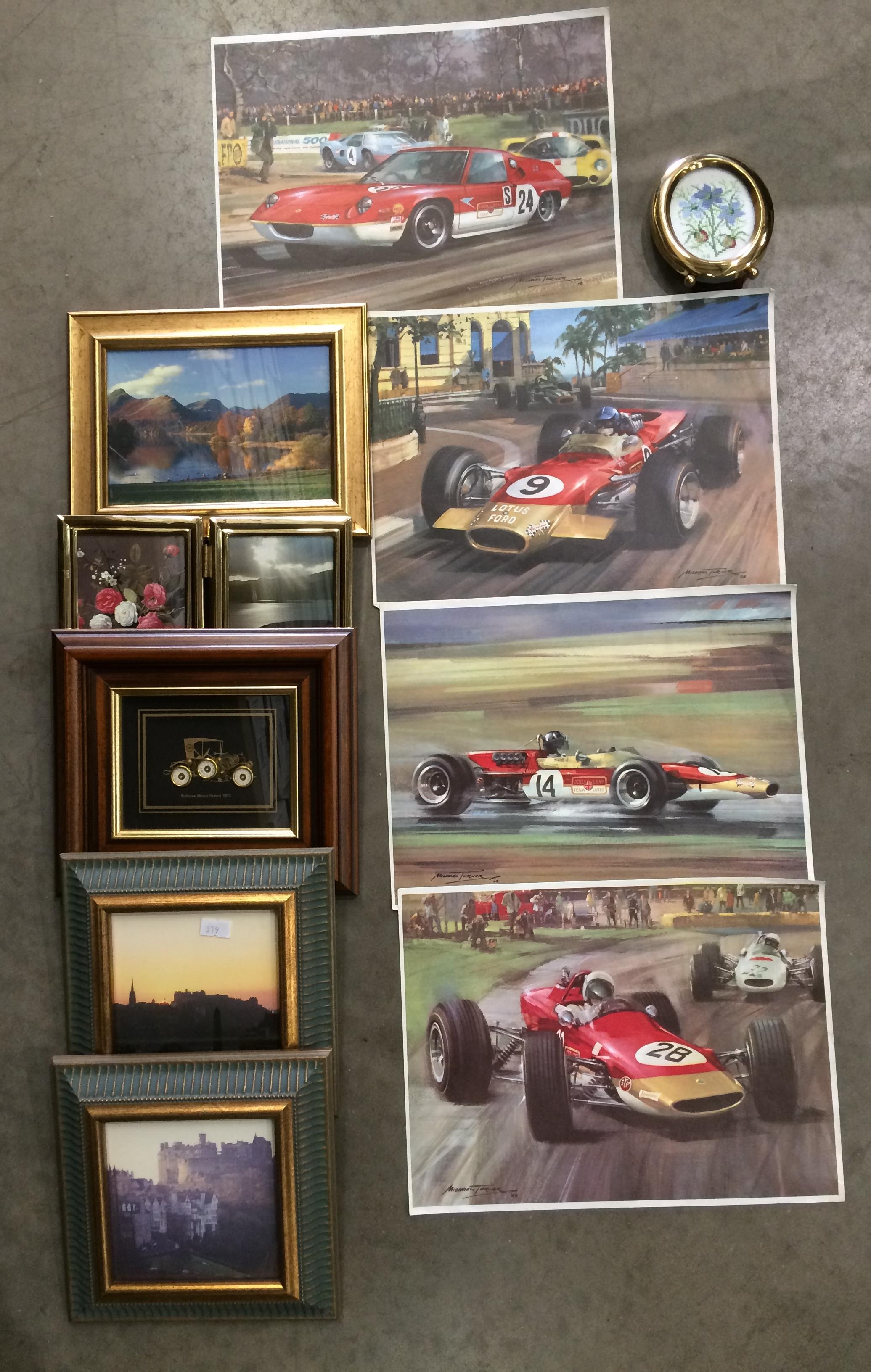 Four unframed motor racing prints by Michael Turner, three framed photo prints,