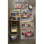 Four unframed motor racing prints by Michael Turner, three framed photo prints,