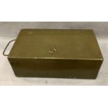 A small green metal deed box, 20cm x 30cm x 12.