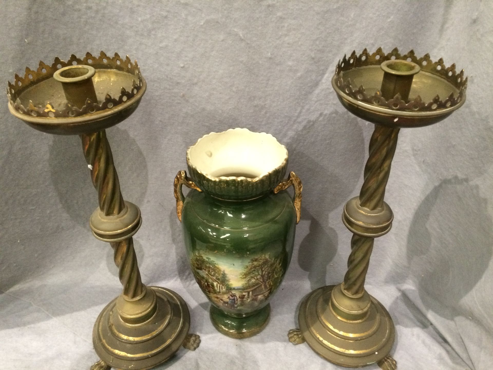 A pair of brass spiral column candlesticks on paw feet, each 47cm high, - Image 2 of 10