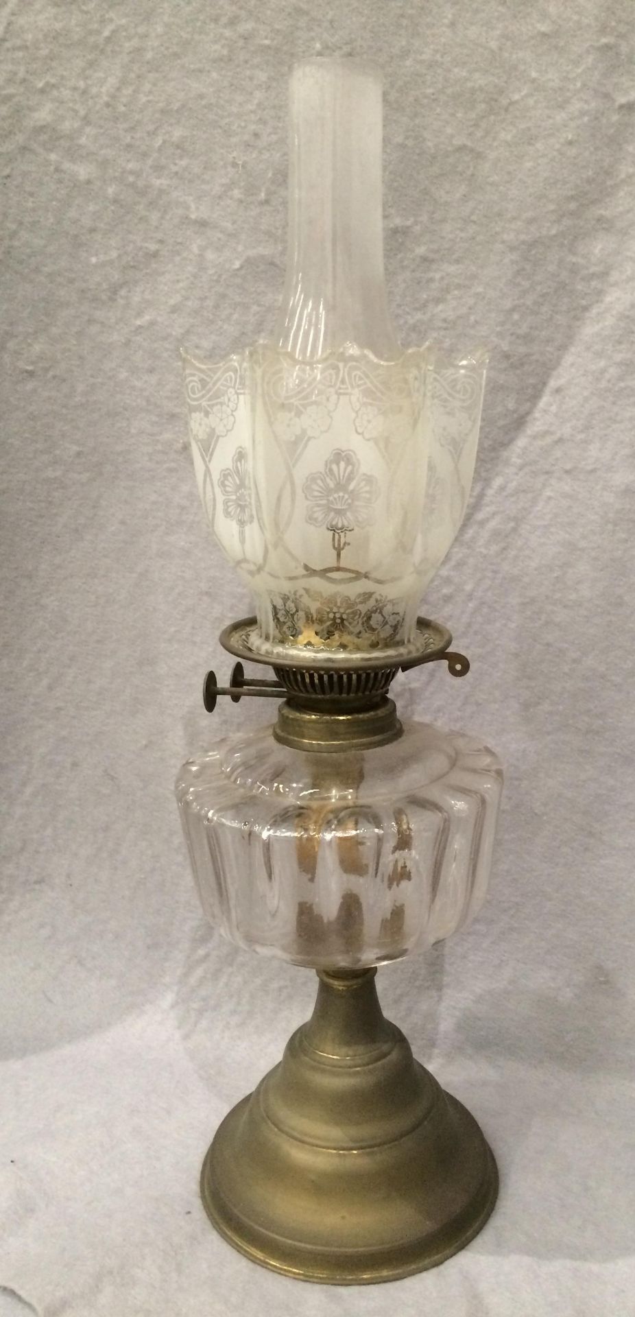 A brass and glass oil lamp with etched glass shade and funnel, - Image 4 of 4