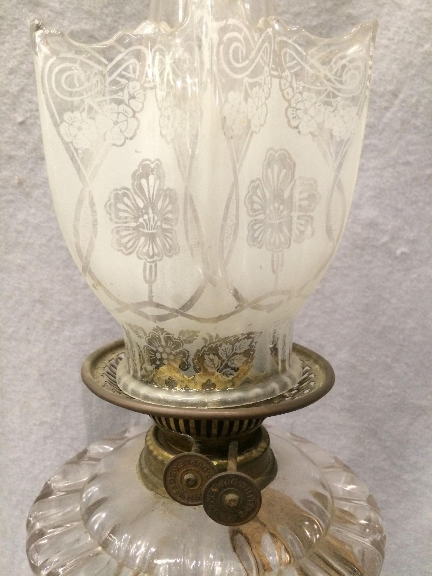 A brass and glass oil lamp with etched glass shade and funnel, - Image 3 of 4