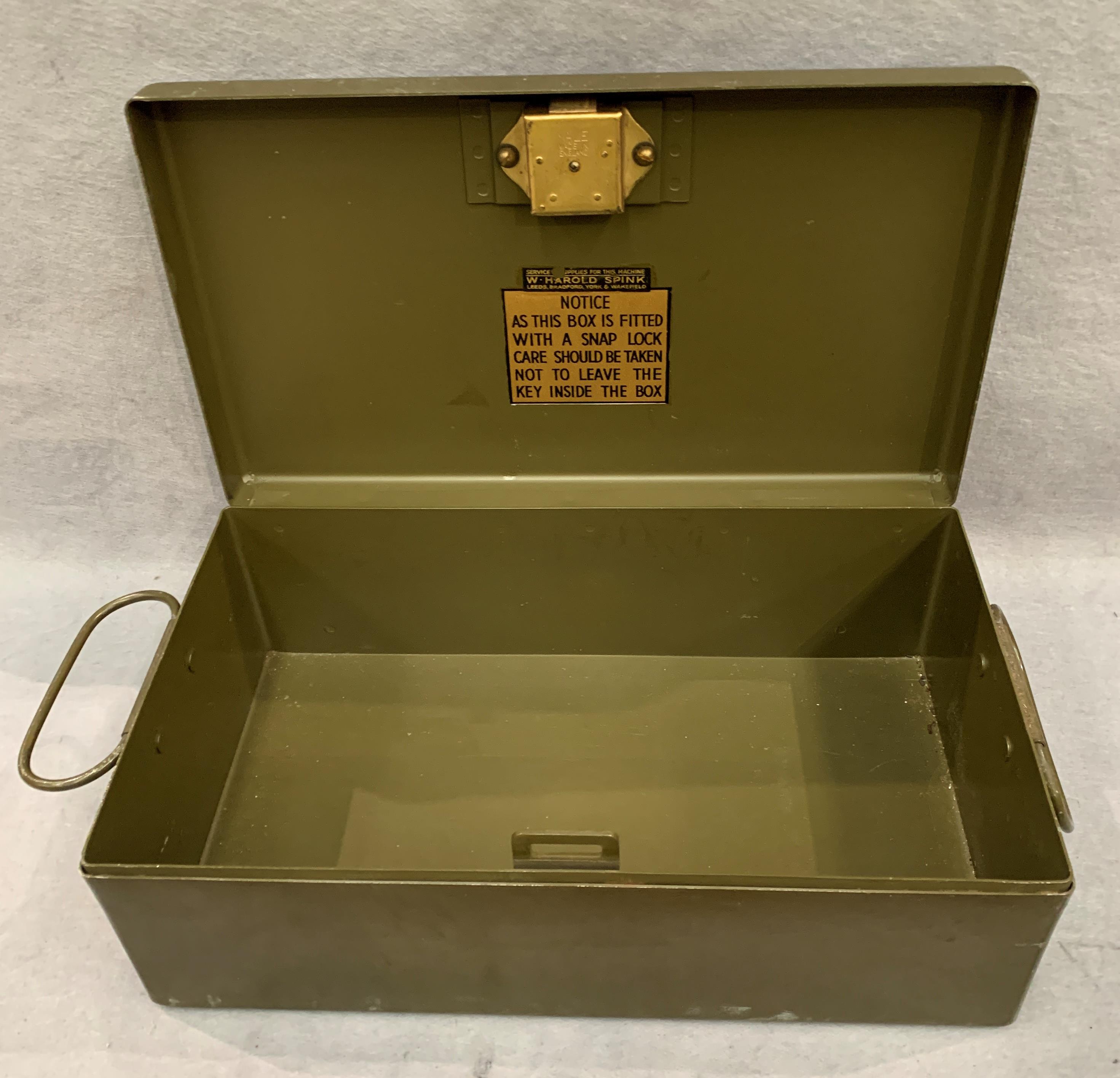 A small green metal deed box, 20cm x 30cm x 12. - Image 2 of 3