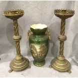 A pair of brass spiral column candlesticks on paw feet, each 47cm high,