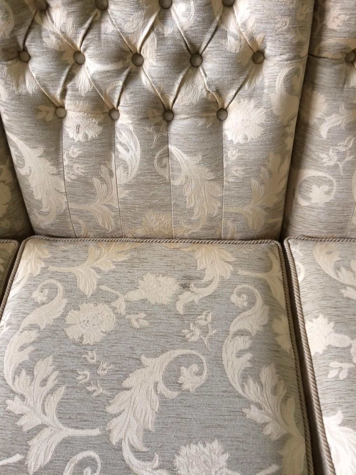 A beige and gold leaf patterned three piece suite comprising three seater settee and two armchairs - Image 2 of 4