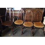 Three dark wood stained hoop back dining chairs with mustard pad seats and a matching armchair (4)