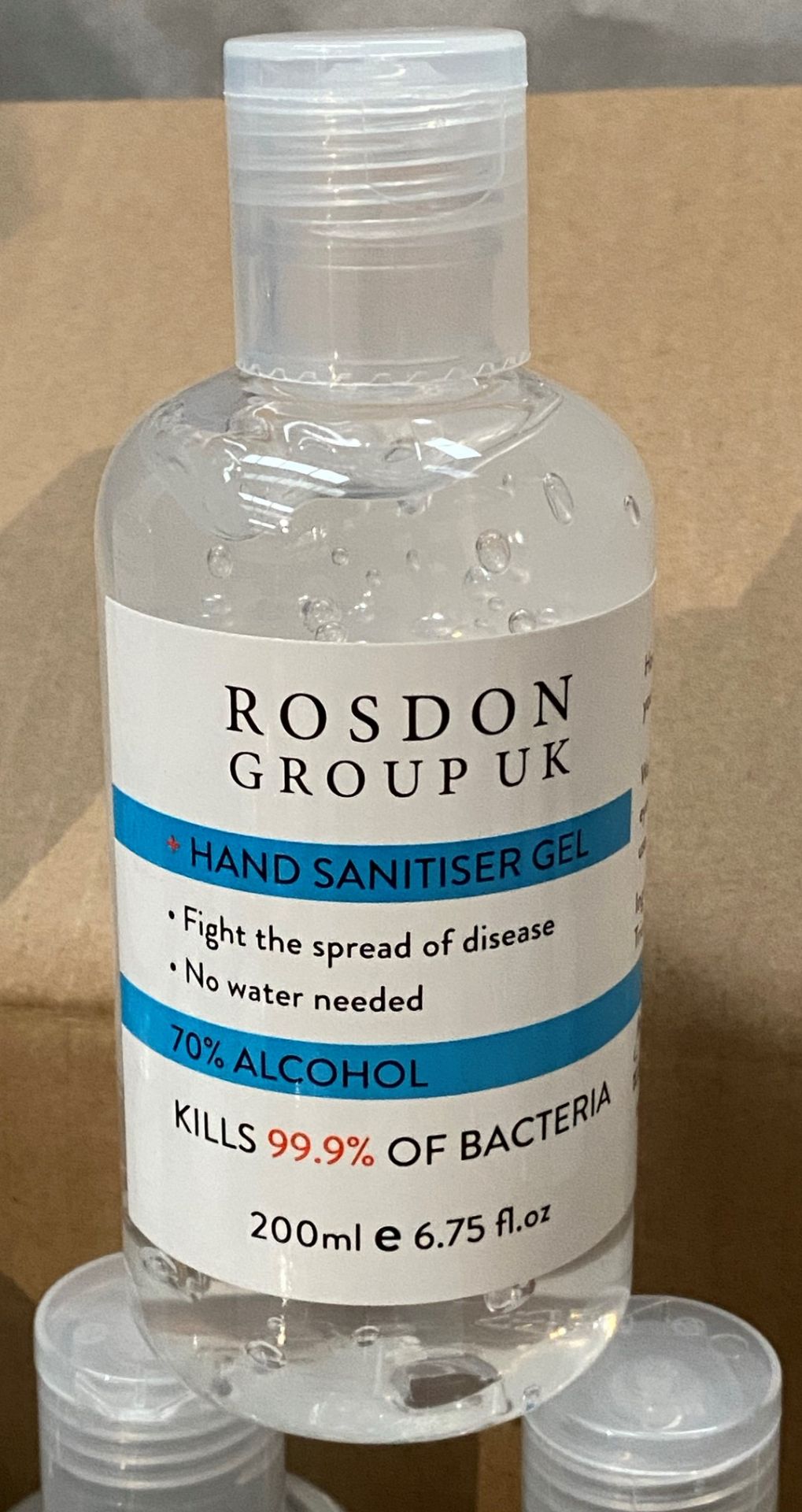 96 x 200ml flip top bottles of Rosdon Group UK hand sanitiser - 1 outer box.