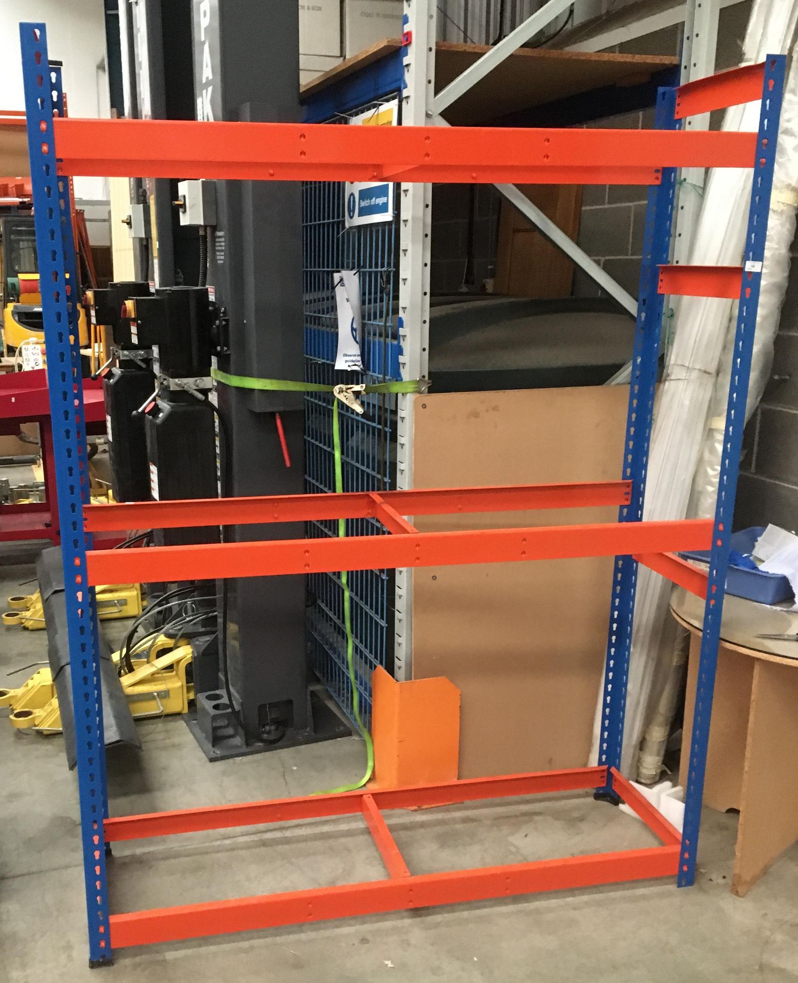 A blue and orange three height warehouse rack - no boards - 156 x 48 x 200cm high