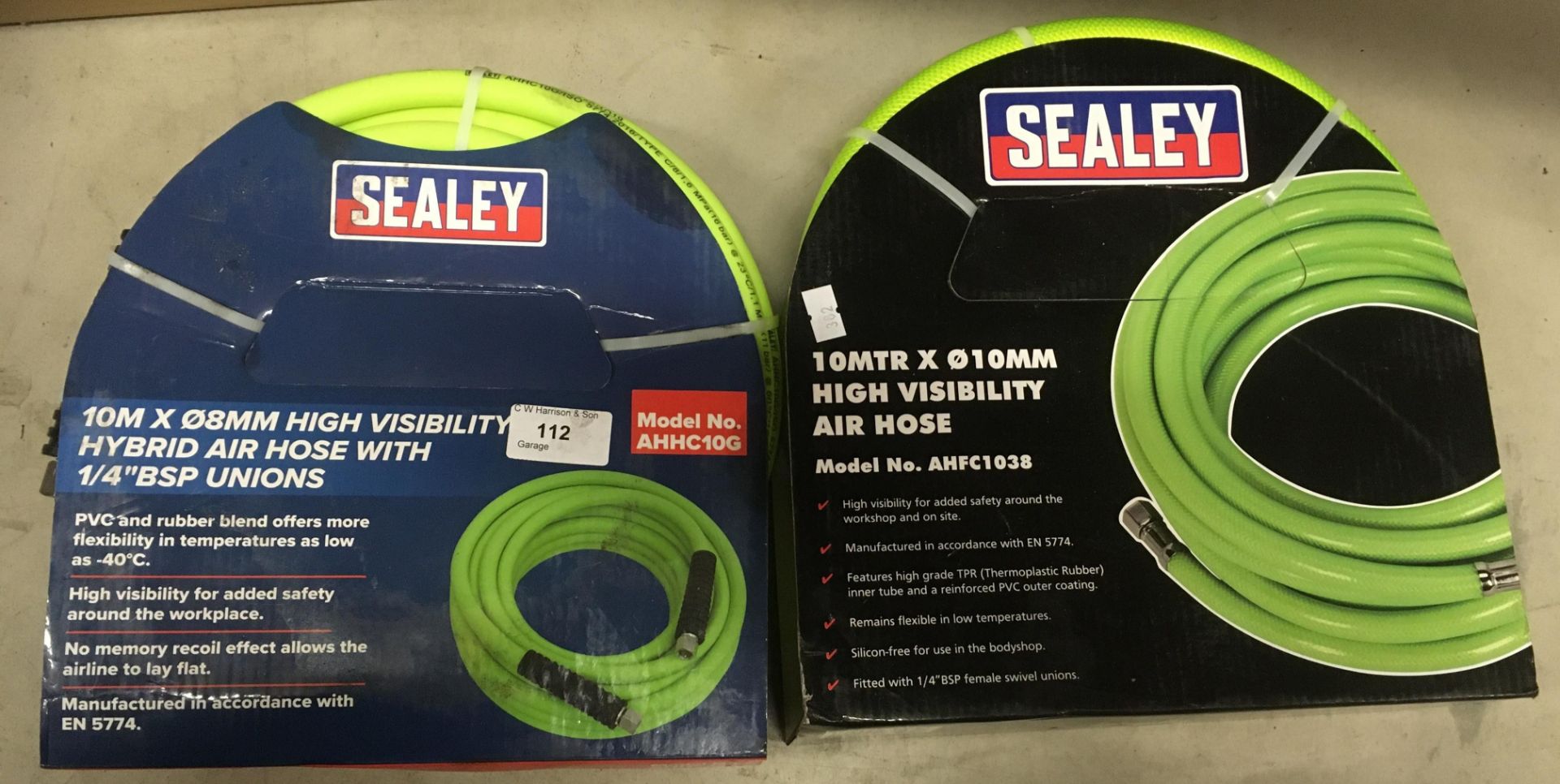 Two 10m rolls of Sealey 10mm and 8mm high visibility air hose