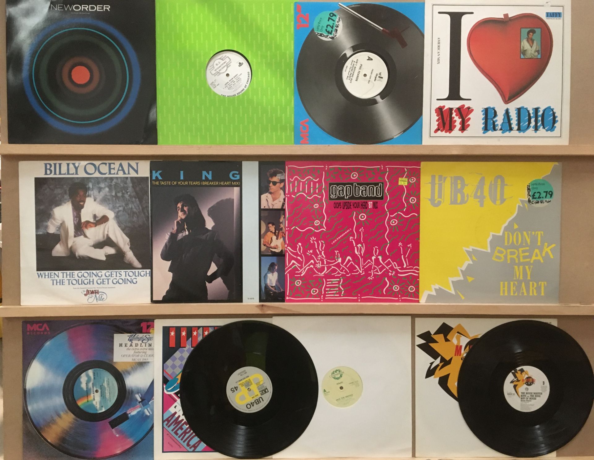 Contents to box - 33 12" singles - 'Blue Monday' New Order, Adamski, Madonna, UB40, King, Gap Band,