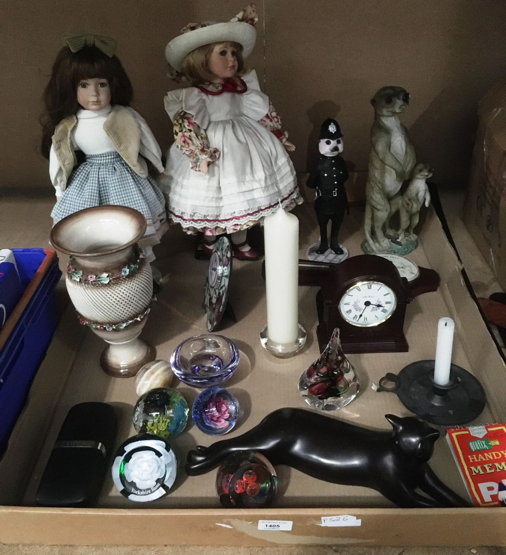 Contents to tray - five glass paperweights including Yorkshire Rose, two modern dolls on stands,