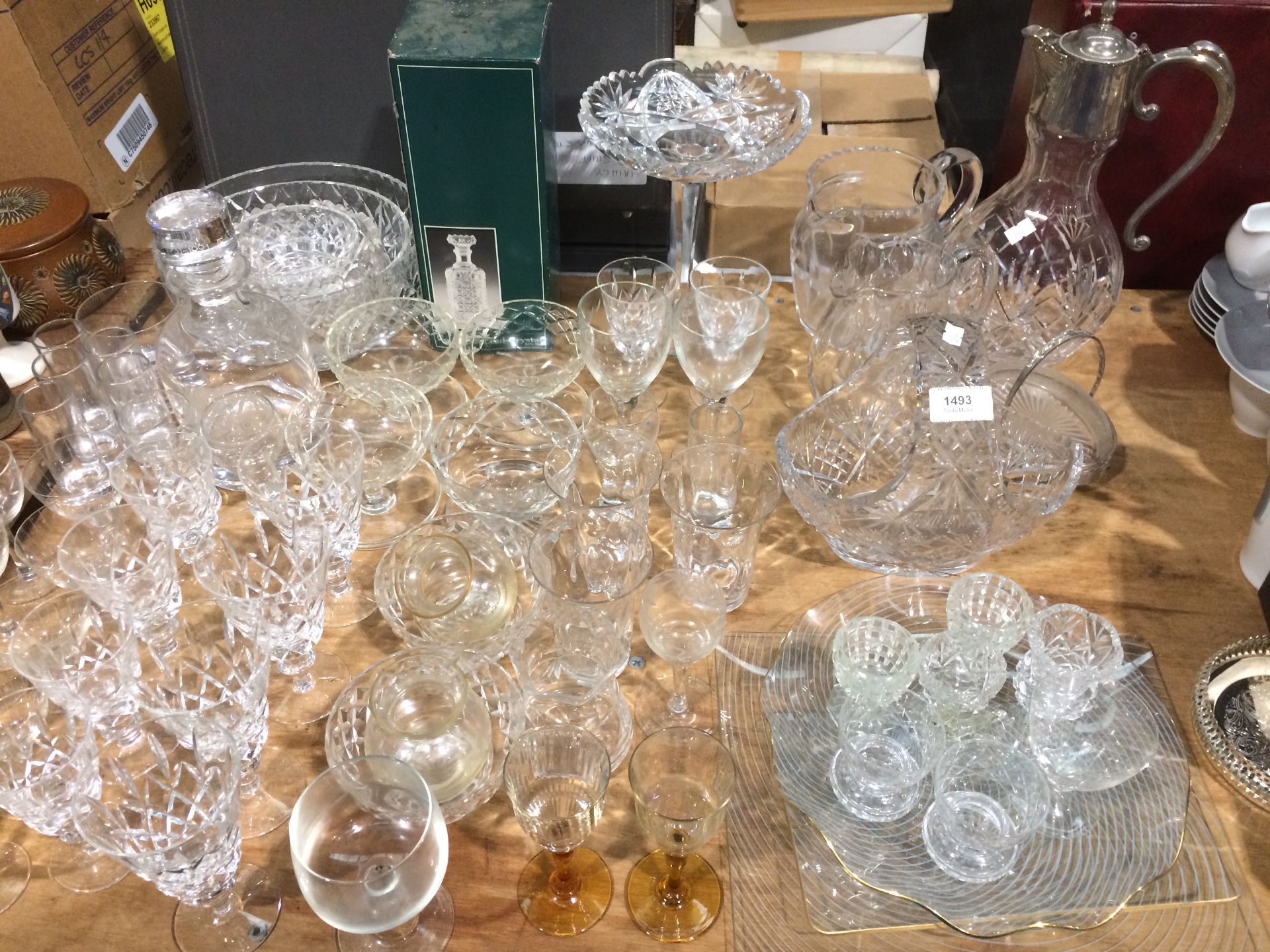 Contents to part table top - glassware including a plated top claret jug, decanter, bowls,