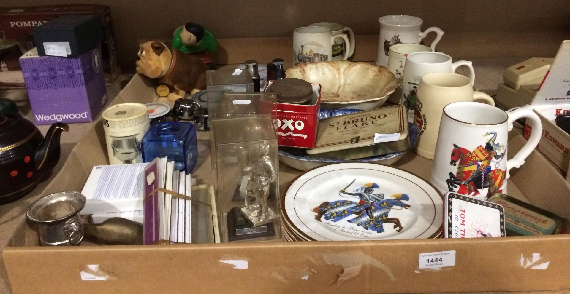 Contents to tray - porcelain and pottery tankards, watch straps, old tins,